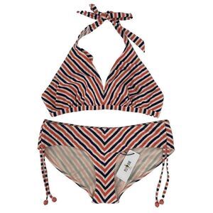 Pez D'Or Maternity Bikini Stripe Coral Navy White Ruched Side Ties XL NEW